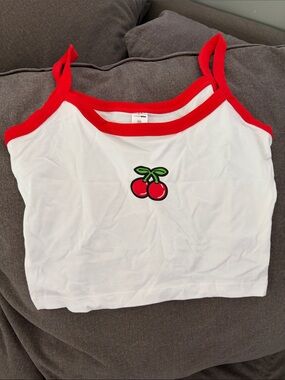 Fashion Nova White Tank Top with Red Trim and Cherry Patch